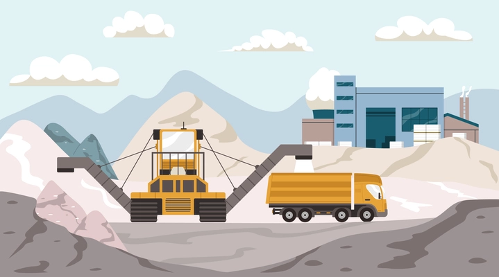 Salt production harvesting process with machinery flat vector illustration