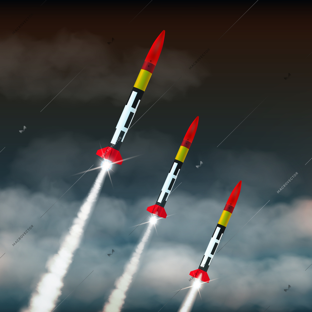 Three missiles launch against dark sky with clouds realistic composition vector illustration