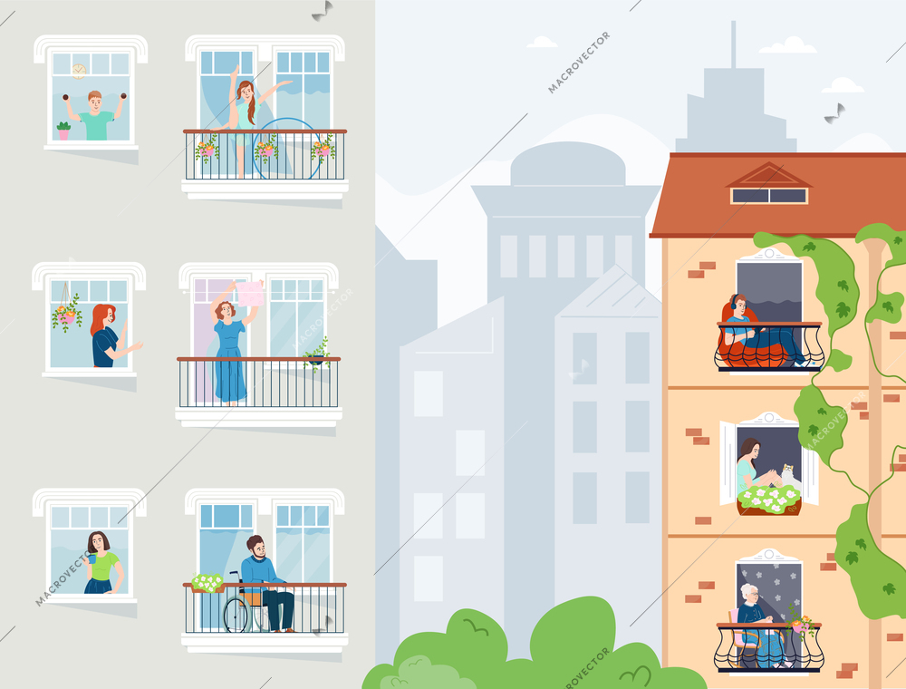 Neighborhood flat urban composition with residents in their windows communicating staying alone at home vector illustration