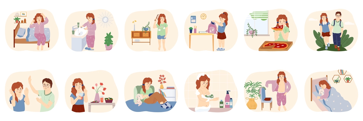 Childish daily routine flat set of children awakening washing eating playing spending free time isolated vector illustration