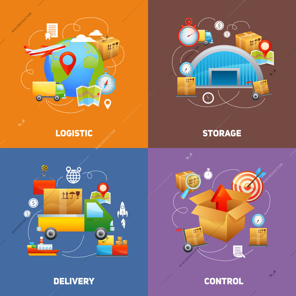 Logistics design concept set with storage delivery and control flat icons isolated vector illustration