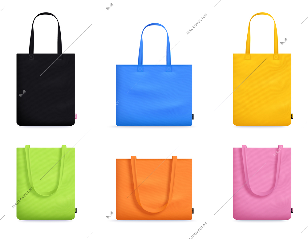 Tote fabric bag mockup realistic set with six isolated images of cloth bags with different colors vector illustration