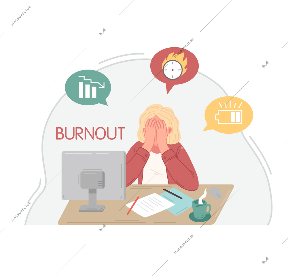 Professional burnout concept with frustrated woman at her workplace feeling stress tiredness low energy cartoon vector illustration