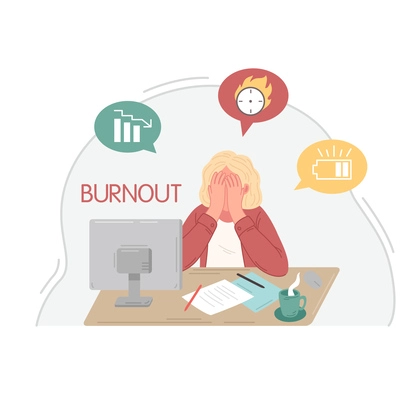 Professional burnout concept with frustrated woman at her workplace feeling stress tiredness low energy cartoon vector illustration