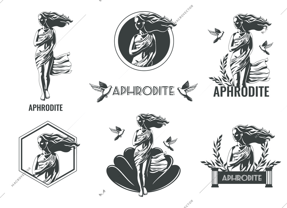 Aphrodite greek olympian goddess emblems of different shape flat set isolated vector illustration
