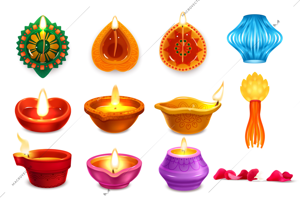 Realistic Diwali icons set with traditional lamps and other symbols isolated vector illustration