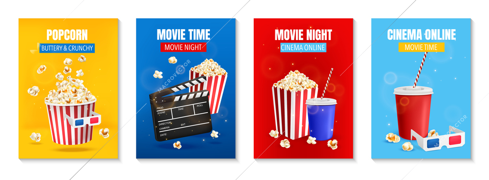 Realistic cinema poster set with popcorn bucket and clapper board isolated vector illustration