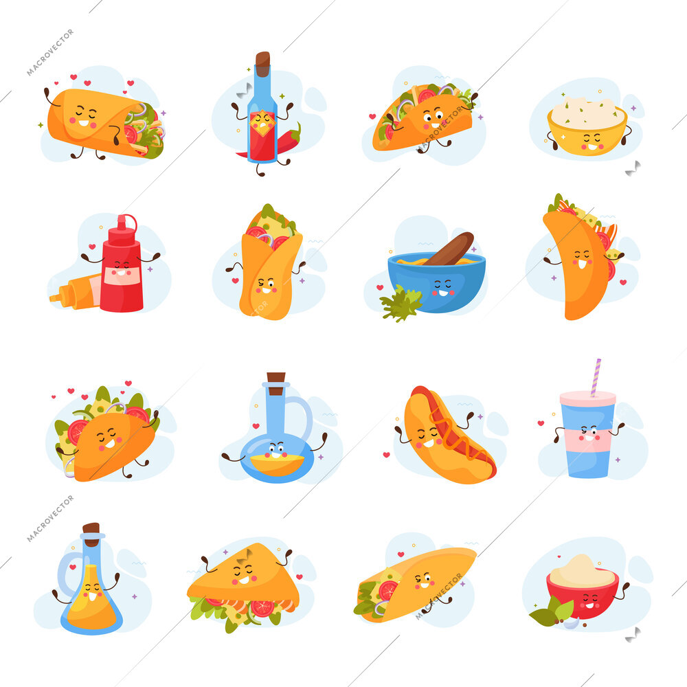 Mexican food flat icons set of tacos cartoon characters and bottles with sauce isolated vector illustration