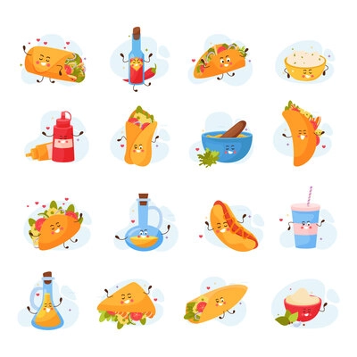 Mexican food flat icons set of tacos cartoon characters and bottles with sauce isolated vector illustration