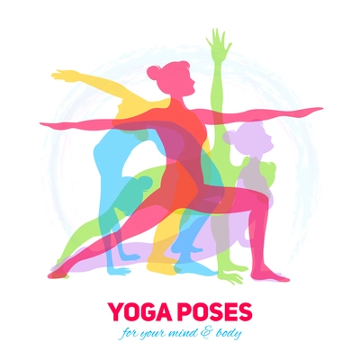 Yoga fitness concept with girl silhouettes in different poses vector illustration