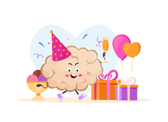 Festive cartoon composition with happy brain character gifts in boxes ice cream and colorful air balloons flat vector illustration