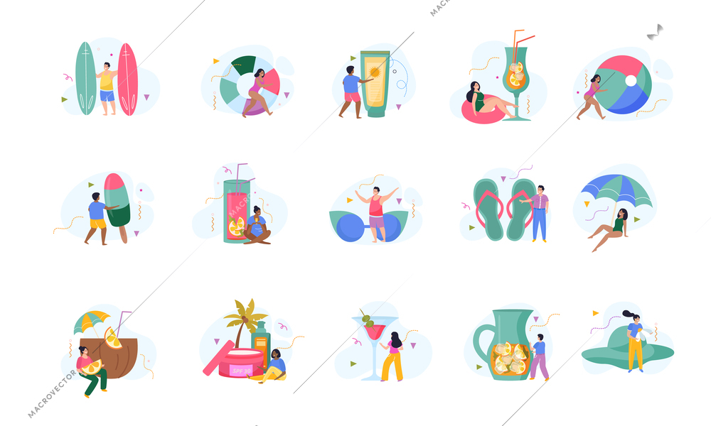 Relax and chill flat set of accessories for summer vacation on south beach and swimming isolated vector illustration