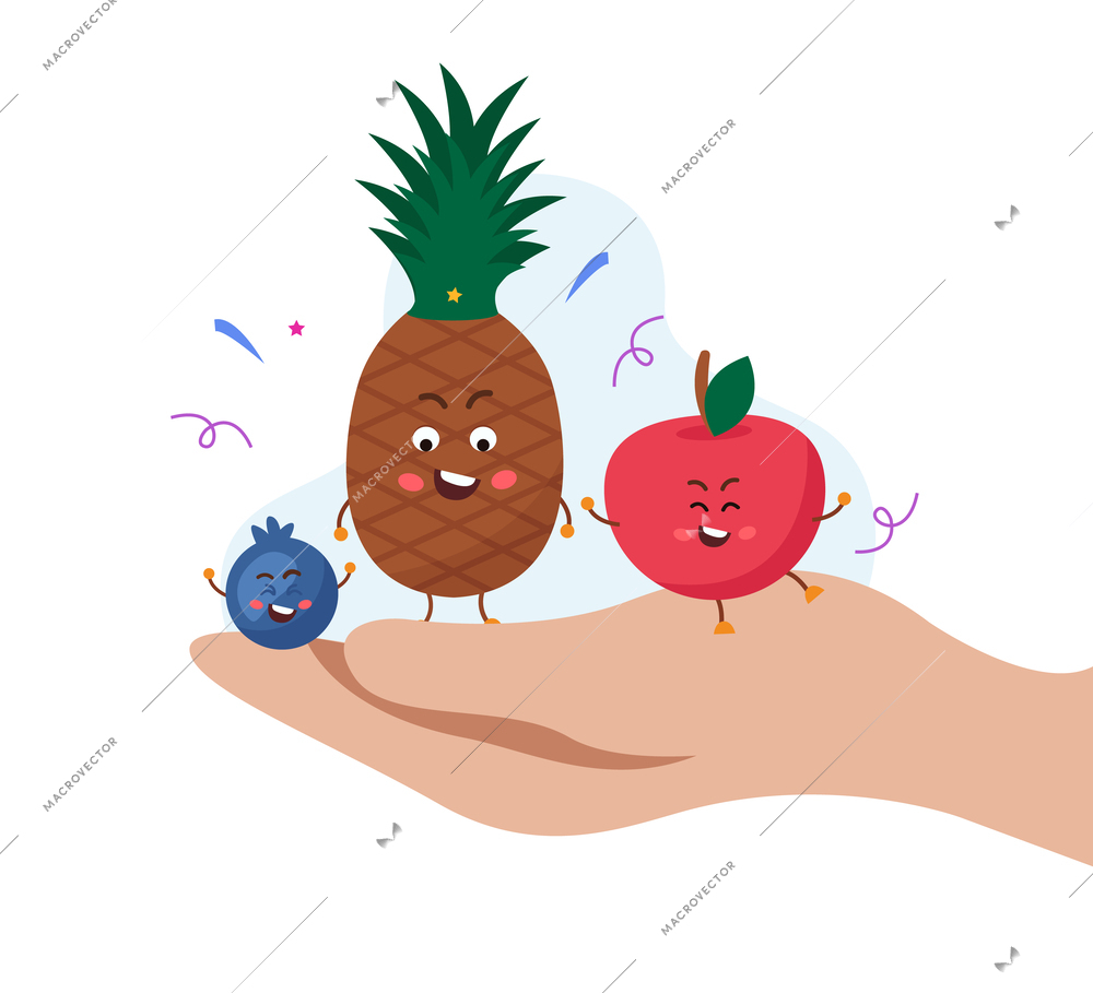 Fruit diet flat composition with cute funny apple blueberry and pineapple cartoon characters on human hand vector illustration