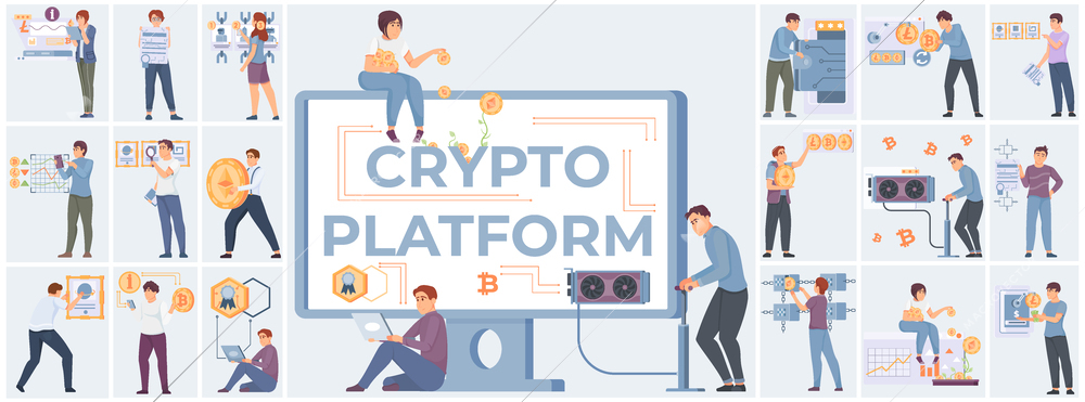 Crypto platform composiiton set with banking and investing symbols flat isolated vector illustration