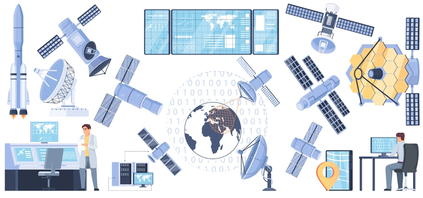 Satellites concept icons set with space exploration symbols flat isolated vector illustration