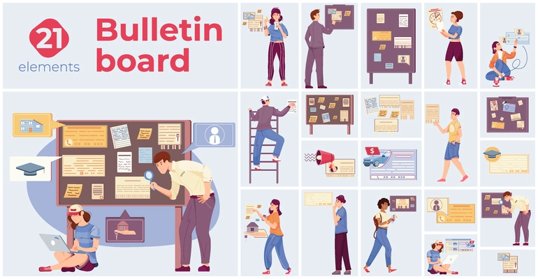 Bulletin board composition set with visual symbols flat isolated  vector illustration