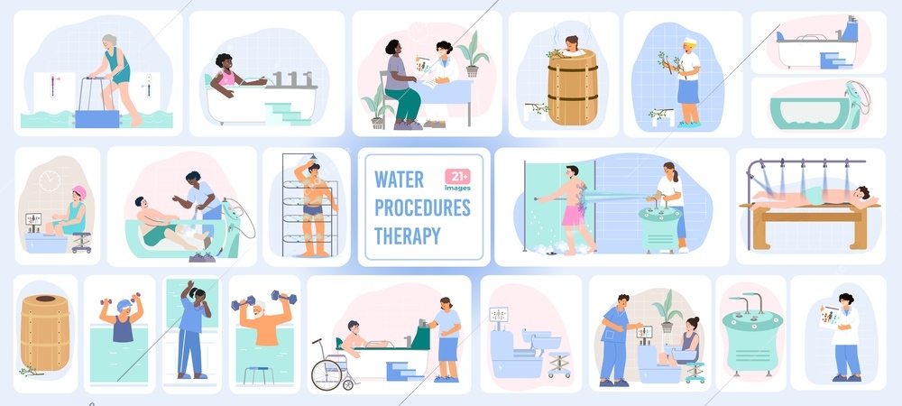 Water procedures therapy set with flat compositions of rehabilitation appliances with patients assisted by medical specialists vector illustration