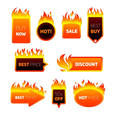 Hot price fire flame sale promotion discount badges set isolated vector illustration