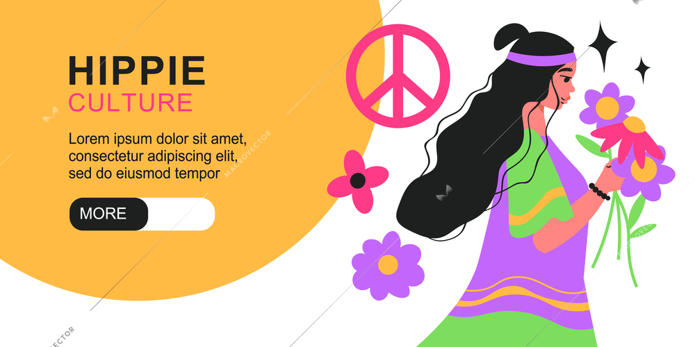Hippie horizontal banner with young woman holding flowers and peace symbols flat vector illustration