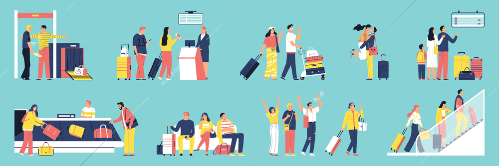 Flat airport set with people going through security taking luggage waiting checking in seeing off relatives isolated on color background vector illustration