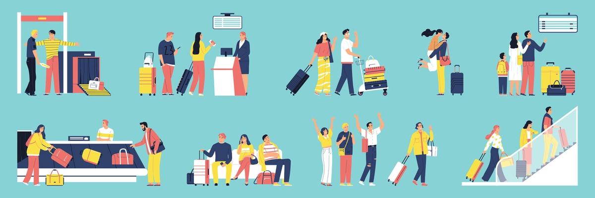 Flat airport set with people going through security taking luggage waiting checking in seeing off relatives isolated on color background vector illustration