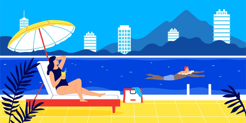 People swimming and relaxing with cocktail near pool at resort flat vector illustration