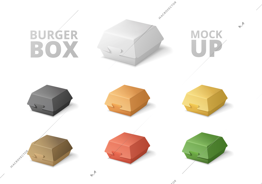 Burger box mockup set with isolated images of similar cardboard boxes for fastfood of different color vector illustration