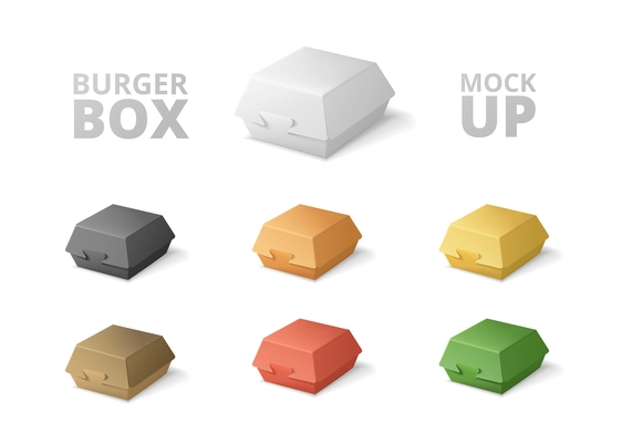 Burger box mockup set with isolated images of similar cardboard boxes for fastfood of different color vector illustration