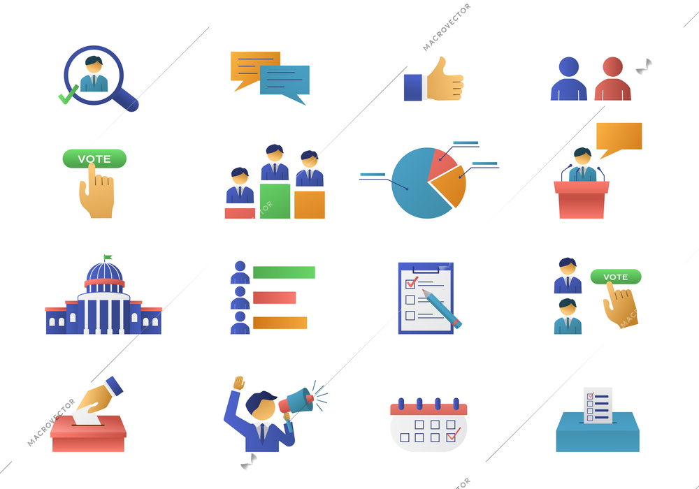 Elections voting realistic set with isolated icons and pictogram images of candidates debates and ballot papers vector illustration