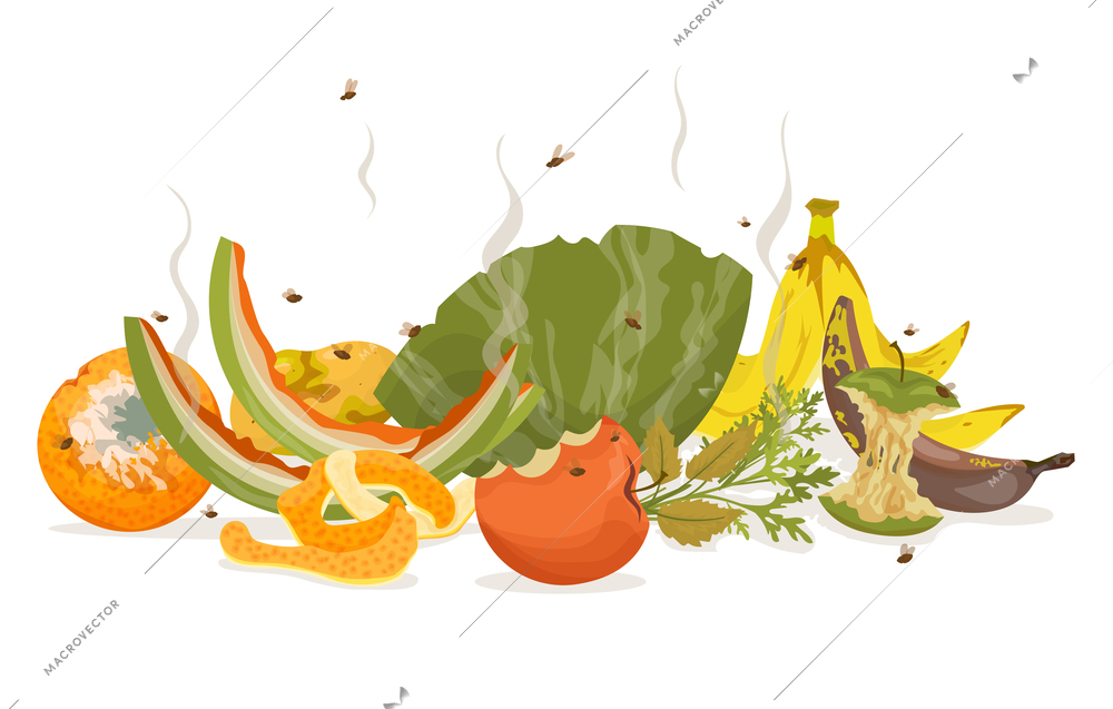 Compost composting flat colored composition rotting stumps and fruit peels flies flying around vector illustration