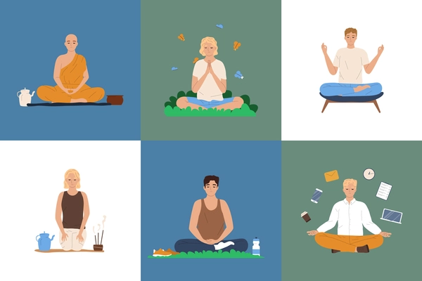 Mindfulness meditation flat set with people meditating in lotus position isolated vector illustration