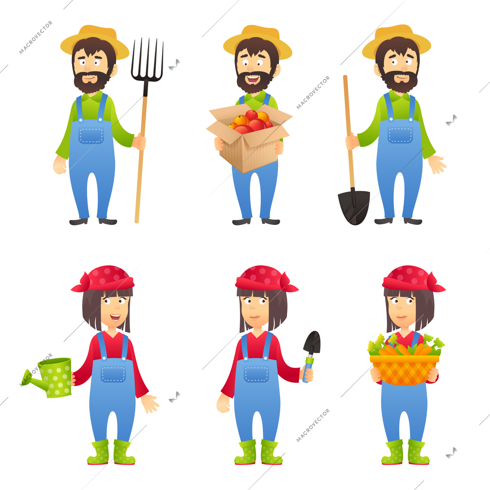 Farmer cartoon character set with males and females with agriculture equipment isolated vector illustration