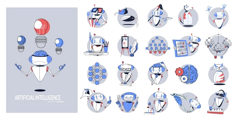 Artificial intelligence flat round isolated composition set with computer vision network creativity and other descriptions vector illustration