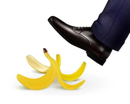 Male foot going to step on banana peel realistic composition on white background vector illustration