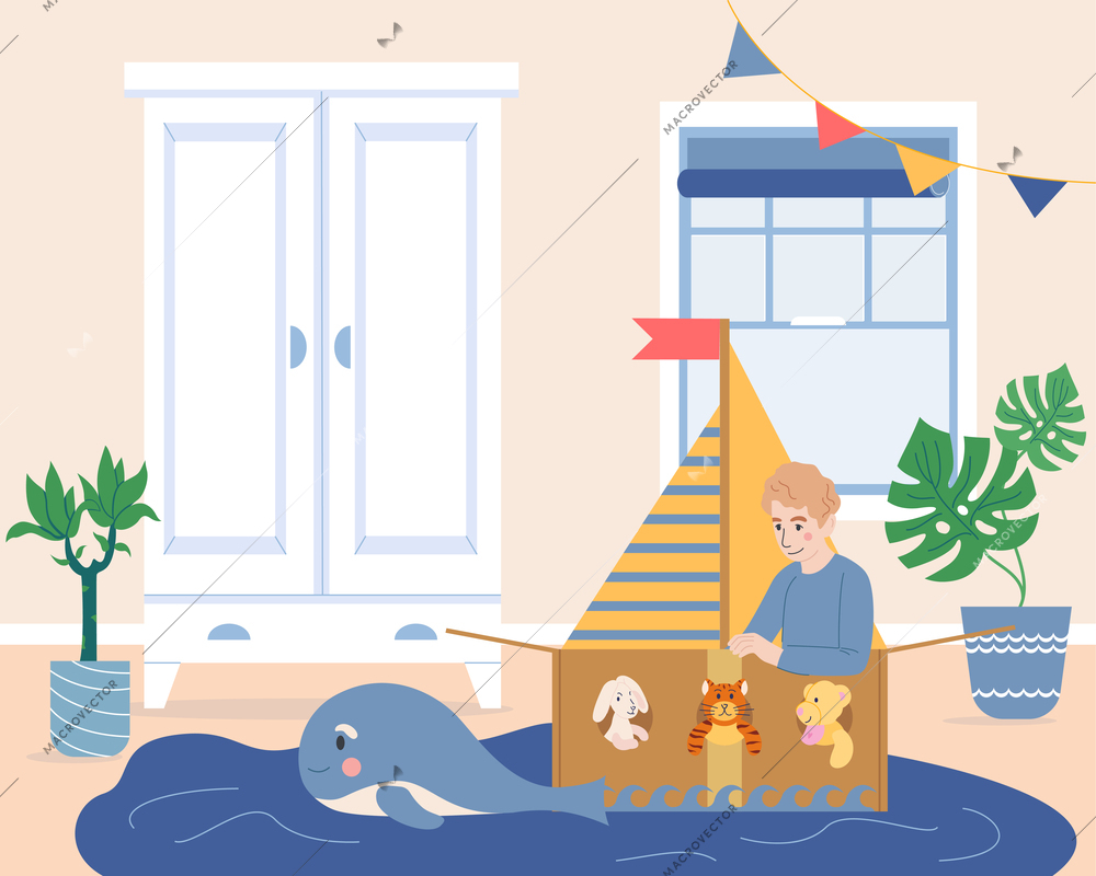 Kids cardboard toys flat poster with boy in carton sailship vector illustration