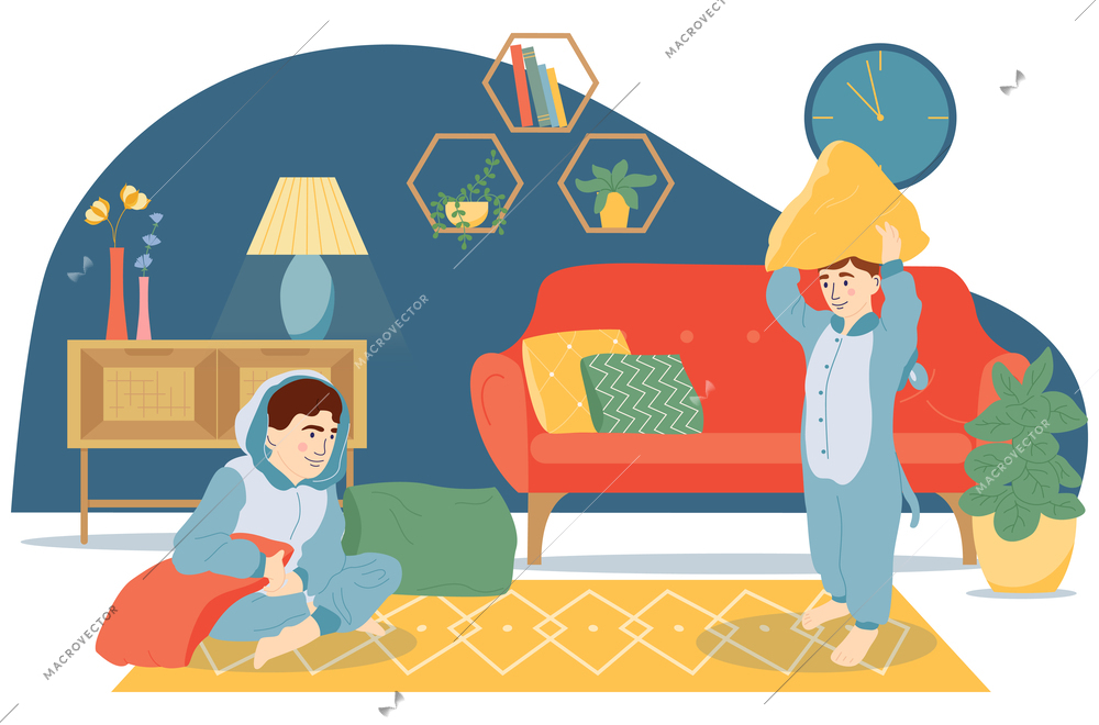 Pajama party flat concept with kids playing in pyjama jumpsuits vector illustration