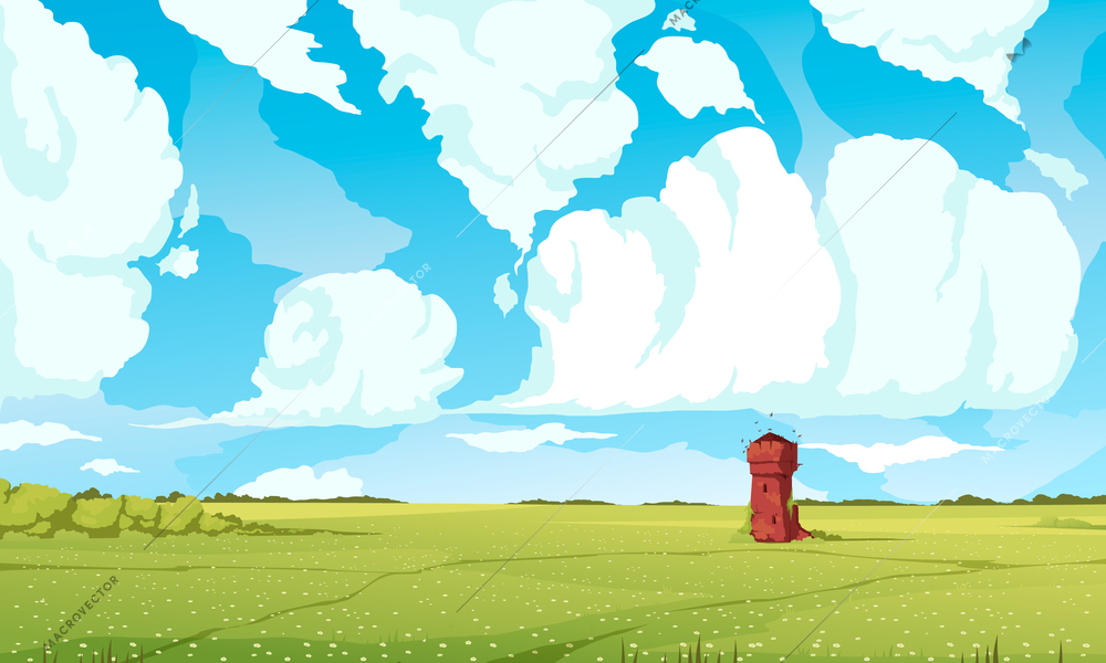 Summer sky background with field and tower symbols flat vector illustration