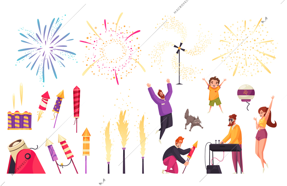 Fireworks cartoon icons set with happy people firing rockets isolated vector illustration