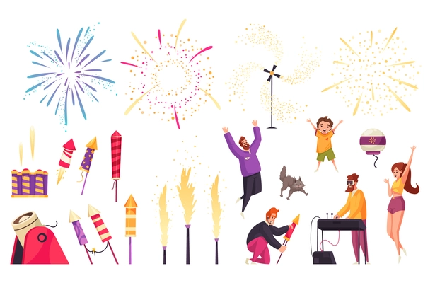 Fireworks cartoon icons set with happy people firing rockets isolated vector illustration