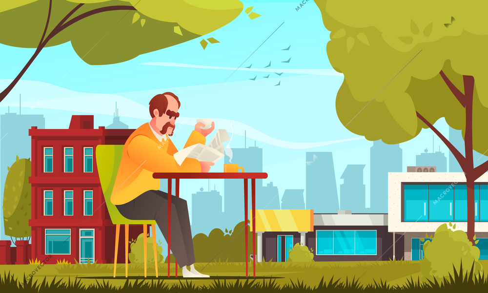 Newspaper cartoon concept with man reading paper medium outdoors vector illustration