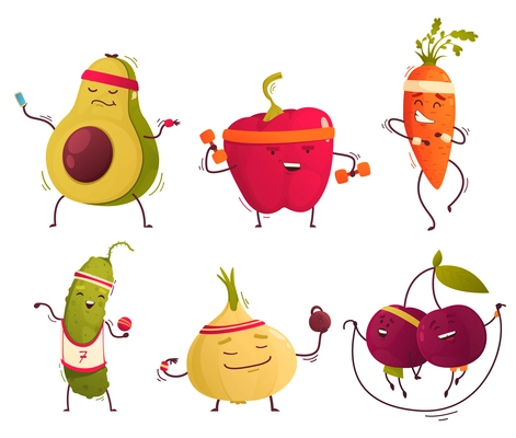 Sportsman fruits cartoon icons set with healthy funny avocado and pepper isolated vector illustration