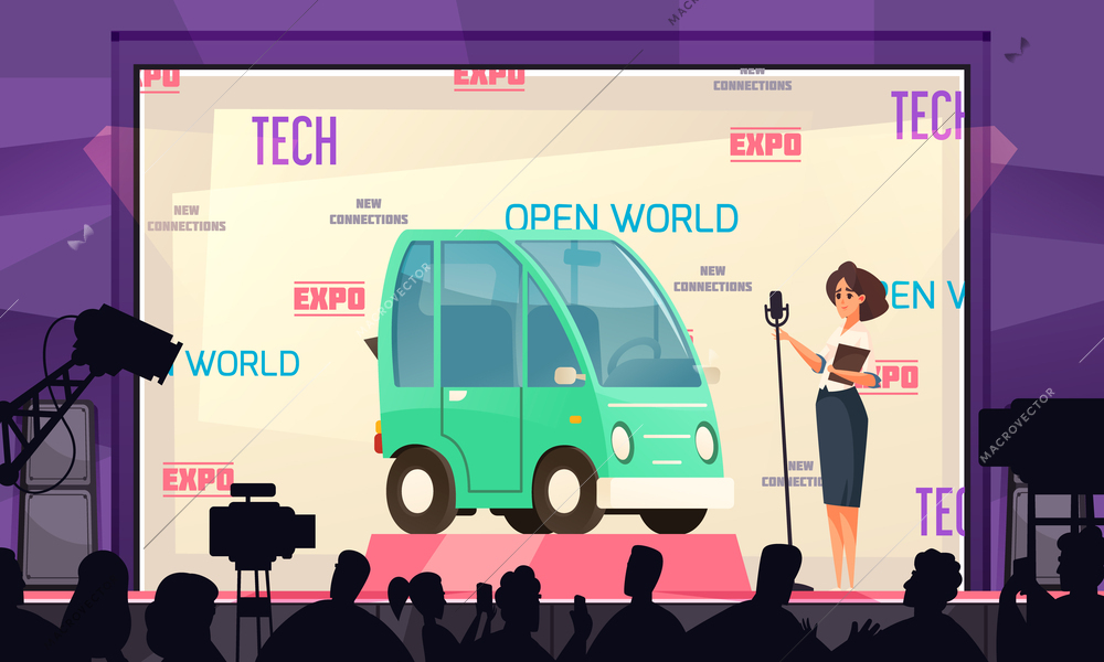 Eco transport cartoon poster with electic car presentation vector illustration