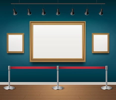 Galleru exhibition realistic mockup with empty picture frame and lightning equipment vector illustration