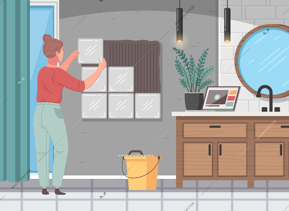 Renovation cartoon scene with female applying tile on bathroom wall vector illustration