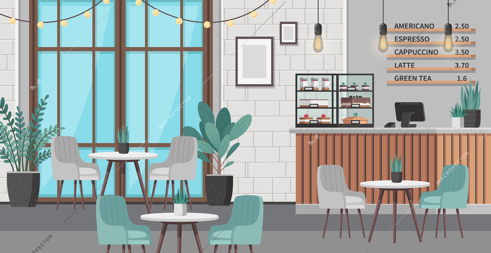 Restaurant interior cartoon scene with modern cafe furniture and shelf with cakes vector illustration