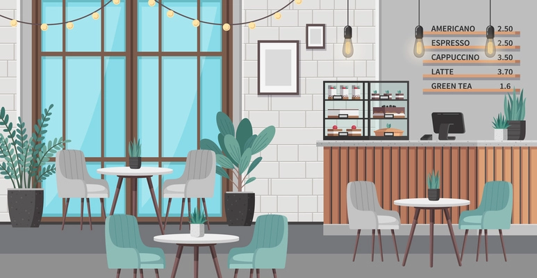 Restaurant interior cartoon scene with modern cafe furniture and shelf with cakes vector illustration