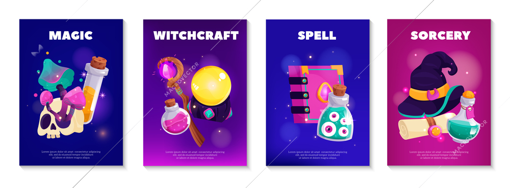 Magic poster set with four vertical compositions of cartoon style witchcraft spell images and editable text vector illustration