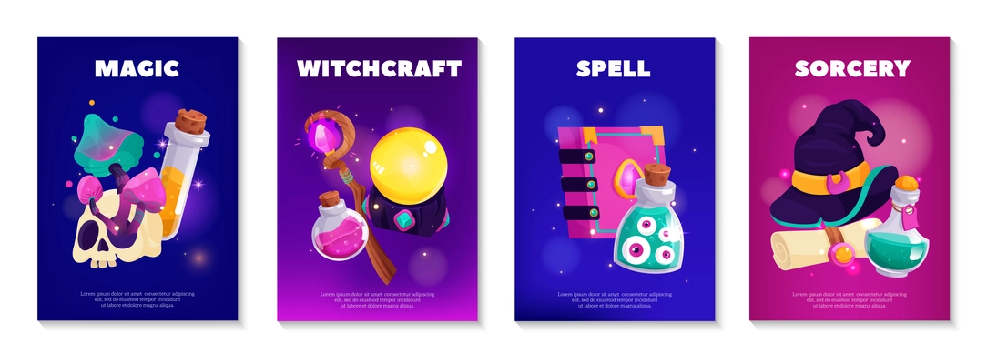 Magic poster set with four vertical compositions of cartoon style witchcraft spell images and editable text vector illustration