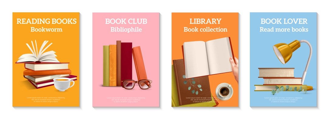 Realistic book lover poster set with four vertical backgrounds with text and images of desktop books vector illustration