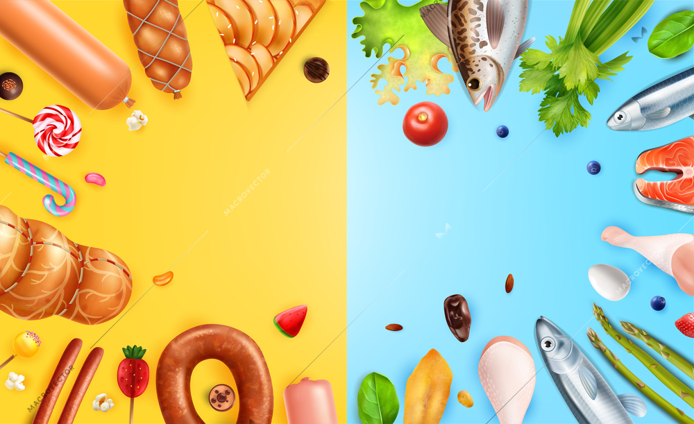 Realistic set of colorful backgrounds with gradient space surrounded by images of healthy and unhealthy food vector illustration
